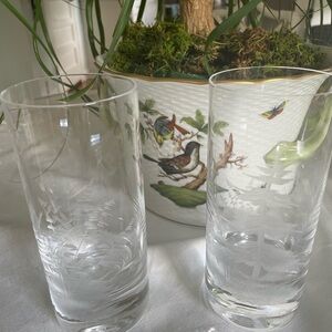 Pair of Moser Etched crystal highball glasses. 6 3/4” tall and 3” diameter.